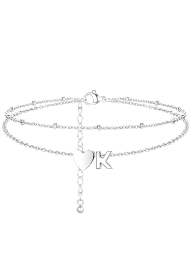 Silvora Ankle Bracelets for Women Waterproof 14K Gold/Silver/Black Initial Anklet for Women Dainty Layered Heart Ankle Bracelets Stainless Steel Adjustable Foot Chain Anklet Summer Beach Jewelry - color: K-Silver
