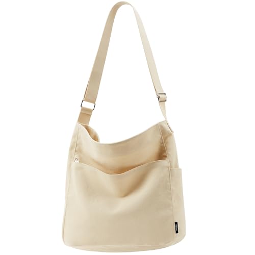 KALIDI Canvas Tote Bag Large Hobo Crossbody Shoulder Handbag Zipper Messenger Bag for Women or Men Casual College Work - color: Beige