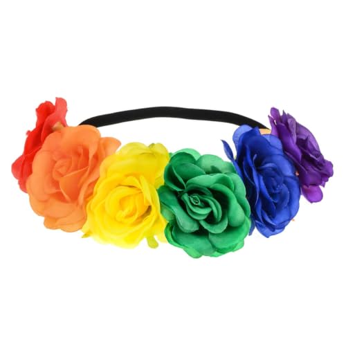 BOHO Floral Crown Rose Flower Headband Hair Wreath (Rainbow Rose Elastic Ribbon) - color: Rainbow Rose Elastic Ribbon