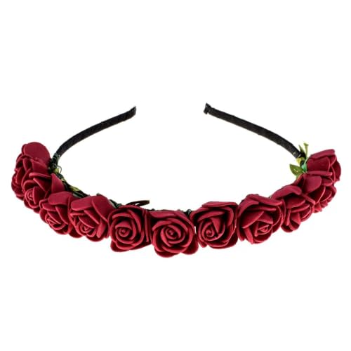 BOHO Floral Crown Rose Flower Headband Hair Wreath (Dark Red) - color: Dark Red