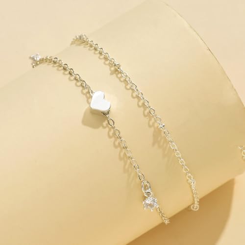 Yalice 925 Silver Ankle Bracelets Chain for Women Dainty 14K Gold Plated Waterproof Beads Anklets Layered Beach Foot Jewelry Gift - color: Silver-HeartB
