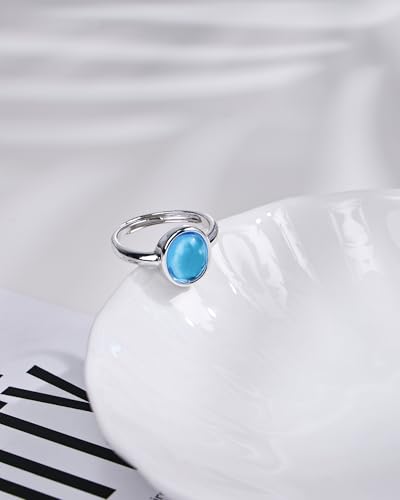 Silver Aquamarine Ring for Women - Adjustable Birthstone Ring with Oval Blue Gemstone, Minimalist Finger Ring for Daily Wear