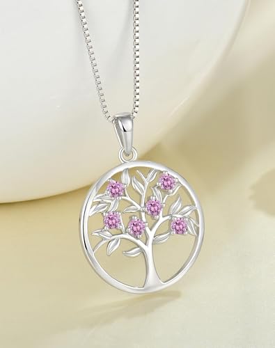 Tree of Life Necklace for Women - Solid 925 Sterling Silver 18K White Gold Plated Birthstone Pendant Jewelry - color: 10_Oct_Pink Tourmaline