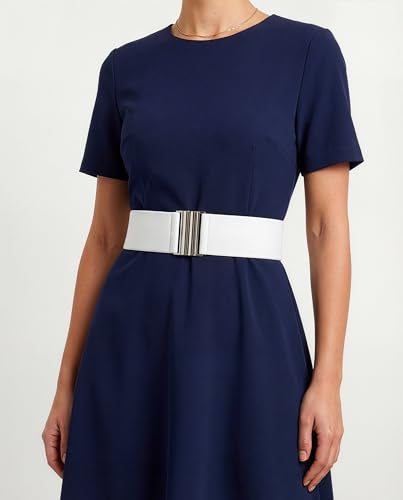 BlackButterfly Wide Elastic Waist Cinch Stretch Waistband Retro Vertical Clasp Buckle Belt - color: White, size: Medium
