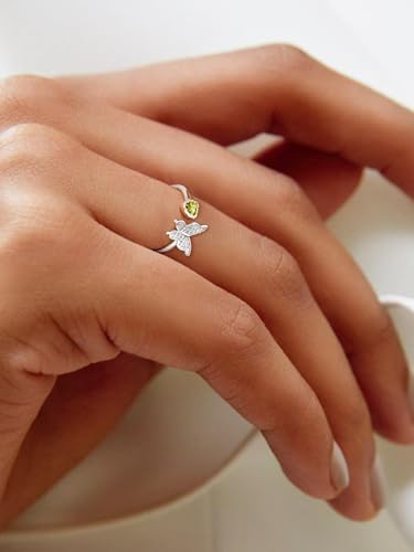 Bestyle 925 Sterling Silver Butterfly Ring Hypoallergnic Adjustable Birthstone Rings for Women Butterfly Jewelry Gifts for Anniversary Mothers' Day Birthday - color: 08.August (Peridot)