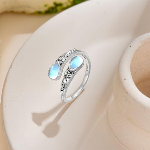 Moonstone Ring for Women 925 Sterling Silver Adjustable Open Ring Boho Statement Jewelry Gift for Her - style: Vintage Floral Open Ring