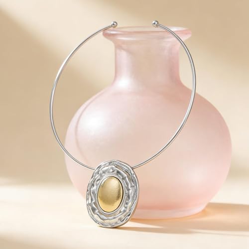 Gold Statement Necklace for Women Gold Collar Necklace Choker Chunky Statement Big Oval Pendant Cuff Necklaces African Tribal Ethic Necklace Summer Vacation Jewelry Gifts - color: B:silver collar necklace