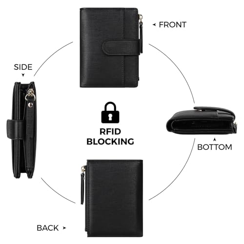 Small Wallet For Women RFID Blocking Soft Leather Bifold Compact Card Holder Women Wallet With Zipper Coin Pocket 1 ID Window,Black - color: Black
