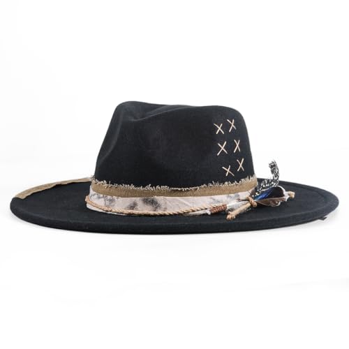 Womens Boho Fedora Hat Wide Brim Fedora Mens Handmade Flat Brim Hats - color: 2black