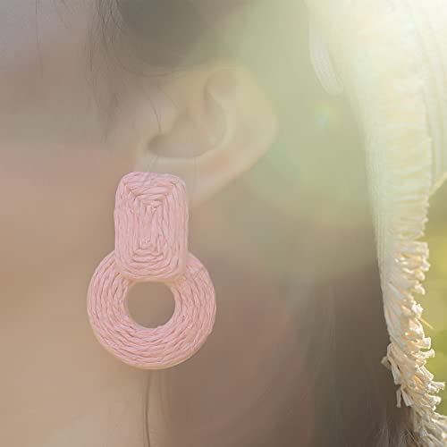 Statement Raffia Earrings Cute Boho Earrings Rattan Dangle Earrings Handmade Straw Wrap Earrings Summer Drop Dangling Earrings for Women Teen Girls - color: Coral