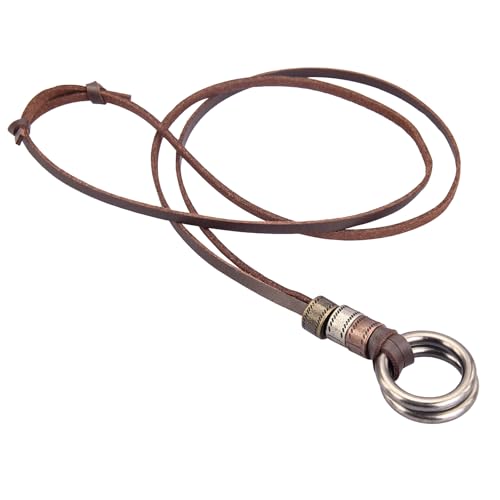 PU Leather Necklace Vintage Boho Style Multilayer Pendant Long Sweater Necklace Jewelry for Women Men with Adjustable Leather Cord - color: Leather Double Rings Necklace