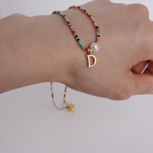 Colorful Pearl Beaded Initial Choker Necklaces for Women, Boho Handmade Personalized Seed Beads Letter Name Necklace Beach Surfer Bohemian Jewelry Gift - color: Y