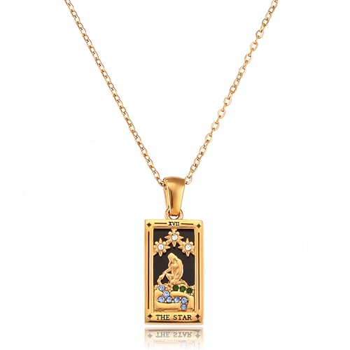 ORIGENCE 18k Gold Plated Tarot Cards Pendant Necklace - Vintage Colorful Charm Necklace Lucky Talisman Hypoallergenic for Women and Men Gift - style: The Star