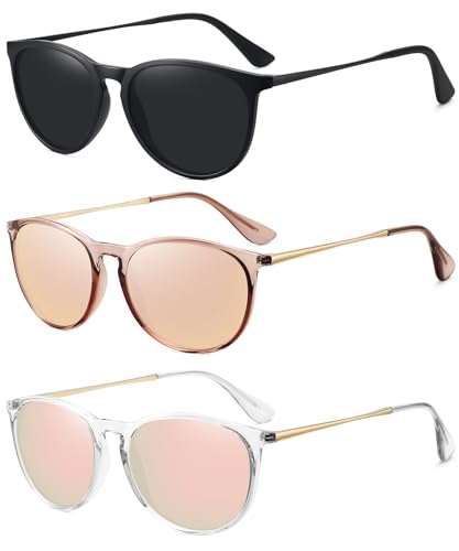 WOWSUN Retro Polarized Sunglasses Womens Trendy Round Classic Glasses - color: 3 Pack: Black+champagne Lens+clear Frame Pink Lens