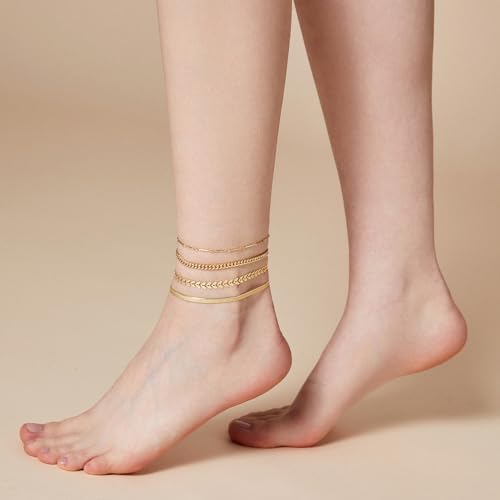 HAXIYA Waterproof Gold Anklets for Mom, Mothers Day Gifts Mama Dainty 18K Gold Plated Anklets Layered Cuban Link Chain Herringbone Cute Anklets Set Summer Beach Jewelry Gift for Women