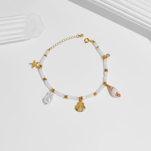 Gold Charm Bracelet for Women Boho Adjustable Shell Starfish Bracelet Summer Beach Ocean Statement Bracelets - color: White bead bracelet