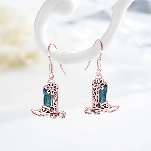 Western Earrings for Women 925 Sterling Silver Turquoise Western Country Dangle Drop Earrings Country Jewelry Gifts for Cowgirl Cowboy - style: Cowboy Boot-A Rose Gold