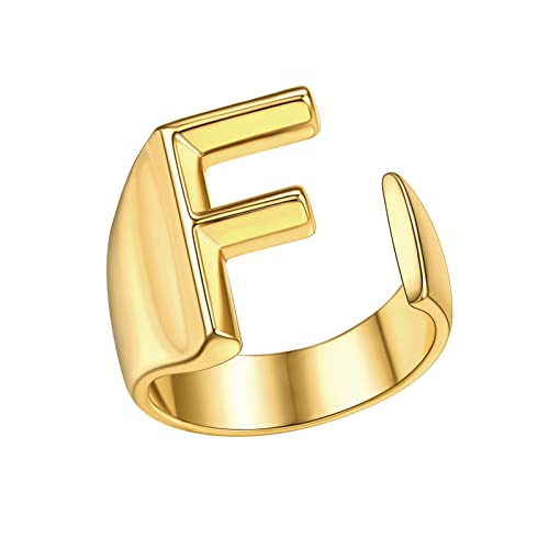 FindChic Customizable Initial Ring Statement 18K Gold Plated Fashion Cuff Rings for Women Alphabet Letter A to Z Resizable Knuckle Ring (with Gift Box) - color: F
