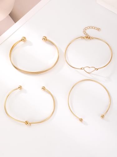Alegend Titanium Steel (Not Rust, Resist Corruption, Easily Clean) 18K Gold Plated Single Bracelets + 14K Gold Plated Stackable Multilayer Bracelets - style: 14KGold + 4PCS D
