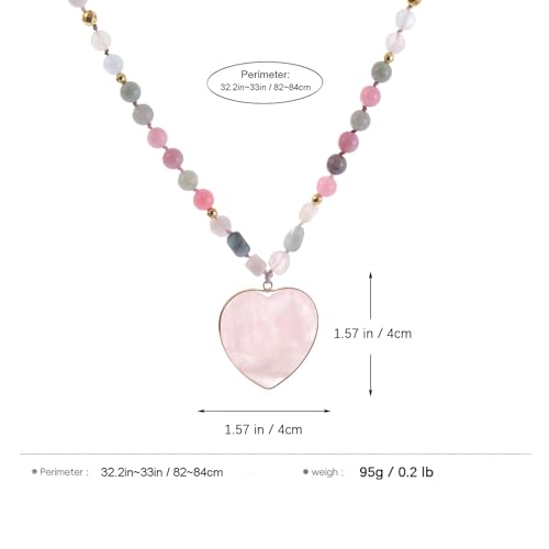Long Necklaces for Women Boho, Oval Waterdrop Turquoise Pendant, Natural Stone Beaded, Handmade,Vintage & Elegance, Boho Fashion Charm Beaded Necklace for Women - style: L-Heart PinkQuartz Pendant