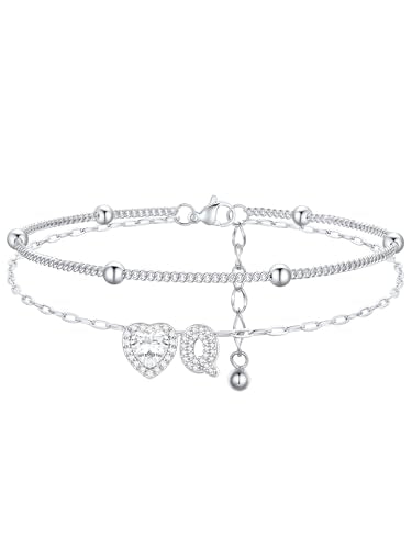 FindChic Silver/14K Gold Plated Layered CZ Initial Ankle Bracelet for Women | Waterproof Stainless Steel, Cubic Zirconia Letter Charm, Non-Tarnish, Hypoallergenic, Adjustable Extender, Summer Jewelry - color: Silver-CZ Heart, size: Q