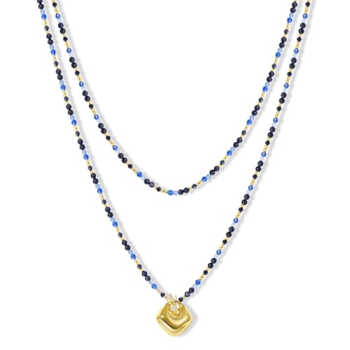 KissYan Long Necklaces for Women, 14K Gold Plated Beaded Gemstone Turquoise Boho Layered Choker, Natural Stone Handmade Sweater Fashion Jewelry Gifts - style: Blue