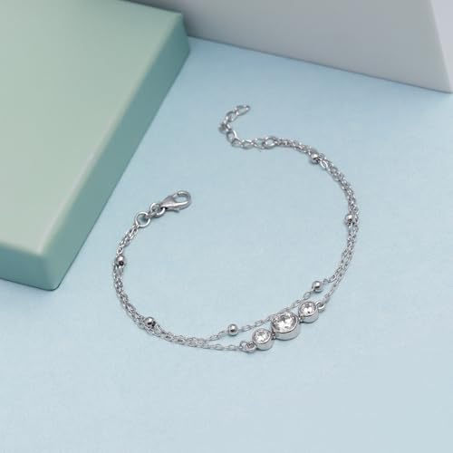 LeCalla 925 Sterling Silver Bracelet Jewelry Gift | Lightweight Italian Design Adjustable Love Bracelet | Link Chain with Lobster Claw Clasp Bracelet for Women Daughter Friendship Bracelet - color: CZ Studded Layered Bracelet