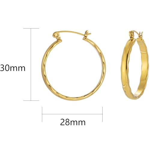 Stainless Steel Hoop Earrings for Women Gold Tone Geometric, Huggie Heart Twisted Minimalist Engraved Designs for Daily Wear - color: Gold_30mm