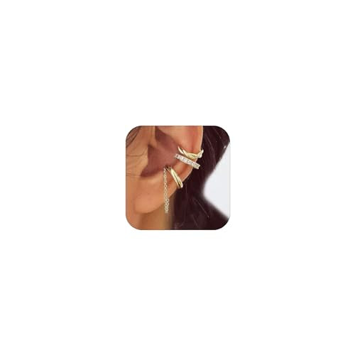 Gold Ear Cuff Earrings for Women Non Piercing 14K Gold Plated/Silver Cuff Clip On Cartilage Hoop Shining Cubic Zirconia Twisted Chain Ear Clip On Earring for Women Chunky Ear Cuffs Earrings - color: goldC