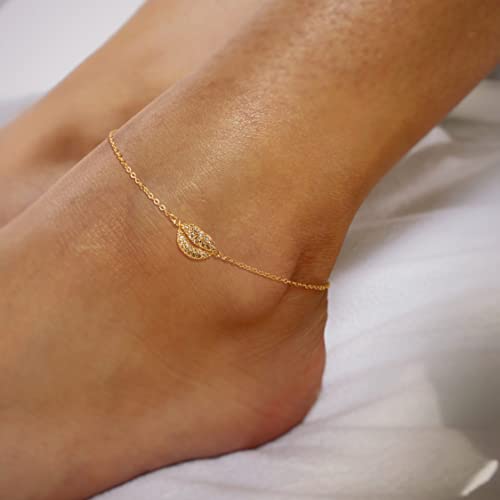 LOYATA Dainty Ankle Bracelet,14K Gold Plated Tiny Bead Anklet Dainty White Cubic Zirconia Cross Tassel Foot Chain Cute Lucky Moon Evil Eye Foot Jewelry Boho Anklets for Women - color: Lip