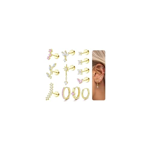 ORAZIO 16 Gauge Cartilage Earrings for Women Flat Back Hypoallergenic Surgical Steel Small Flatback Stud Hoop Cartilage Earring Stack Set Daith Conch Tragus Helix Piercing Jewelry Single PC - color: 14K Gold Plated +Pink CZ