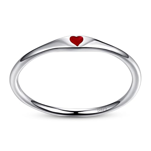 925 Sterling Silver Heart Ring for Women, 1mm Ultra Thin 14K Plated Gold Hypoallergenic Wedding Band with Black/Yellow/Red/Blue/Pink Love, Promise Stack Travel Jewelry Gifts Size 5-10 - color: D-Silver-Red