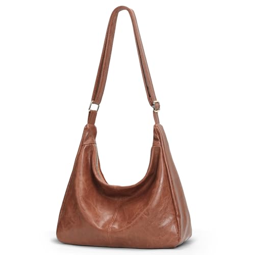 Brown Shoulder Bag for Women,Brown Leather Purse Slouchy Hobo Bags Everyday Purse Daily Commuting Bag with Zipper - color: Light Brown