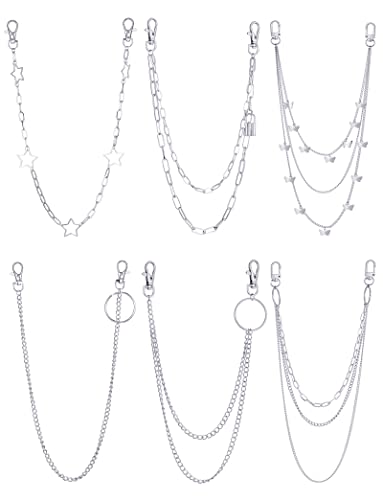 6 Pieces Pants Chains Multi-Layer Butterfly Lock Round Star Snak Heart Jeans Chains Accessory Hip Hop Pocket Punk Goth Wallet Chain Charm Rock Belt Loop Trousers Chain for Women Men Silver - style: A: 6Pcs(Butterfly)
