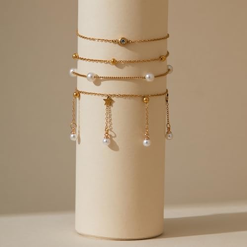 LOFITOR Ankle Bracelets for Women Glitter Waterproof Adjustable Anklet Set for Women 18K Gold Plated Silver Charm Dainty Layered Anklets, Summer Beach Anklet Jewelry for Women - style: Pearl Gold