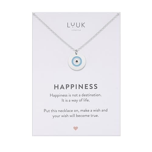 LUUK LIFESTYLE Minimalist necklace with rainbow pendant, HAPPINESS slogan card, symbol of diversity, waterproof stainless steel, gift for women, trendy, chic, silver - color: Silver, size: Evil eye