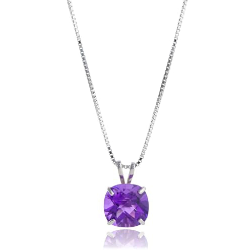 MAX + STONE Cushion Cut Gemstone Necklace | 8mm Solitaire Birthstone Necklace for Women | Gemstone Pendant Necklaces with 18 inch Box Chain - color: Amethyst
