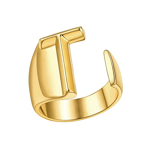 FindChic Customizable Initial Ring Statement 18K Gold Plated Fashion Cuff Rings for Women Alphabet Letter A to Z Resizable Knuckle Ring (with Gift Box) - color: T