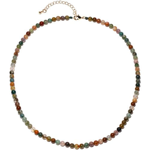 Simple Choker Necklace for Women Real Stone and Crystals Necklaces 4mm Beaded Choker Jewelry Meditation Gift for Women (16"+2") - style: Indian Agate