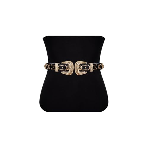 Dubulle Womens Belt Chain Leather Belts Vintage Western Adjustable Elastic Double Buckle for Cowboy Pant Dress - color: Gold Black