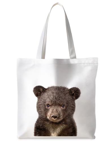 Preppy Animal Tote Bag, Pet Canvas Tote Bag, Reusable Grocery Shopping Shoulder Bags - color: Bear