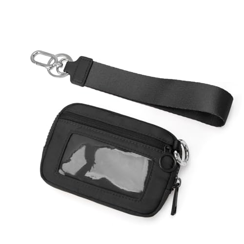 Wristlet Wallet for Women Mini Zip Card Case with Clear ID Window Zipper Coin Purse Lightweight Portable Keychain Wallet - color: Black