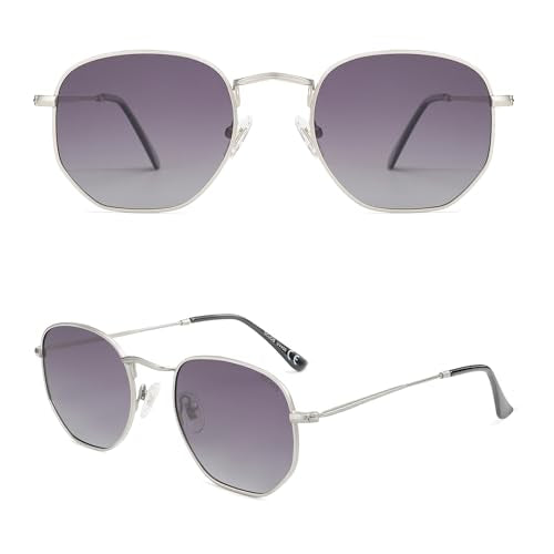 SOJOS Square Polarized Sunglasses for Women Men Small Hexagonal Polygon Shades SJ1072 - color: Matt Silver