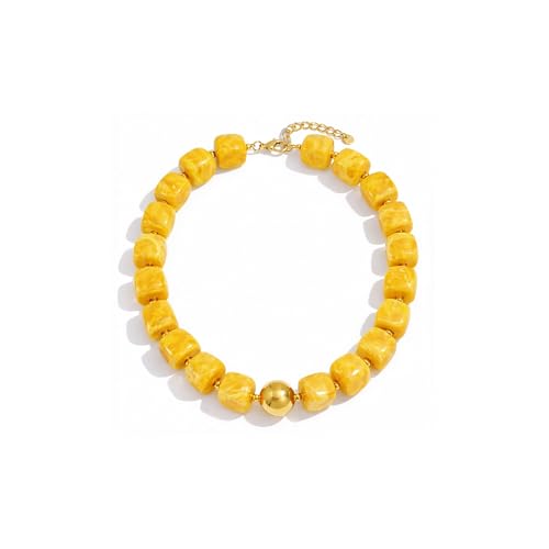 Mchic Colorful Beaded Choker Necklace for Women: Boho Large Square Acrylic Beaded Necklace Stainless Steel Adjustable Surfer Beach Strand Necklaces Summer Handmade Jewelry Gift for Women - color: Yellow1