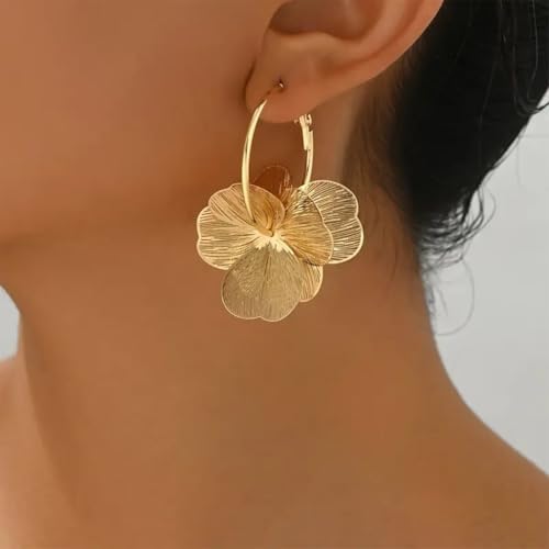 Dainty Gold Boho Textured Flower Hoop Earring for Women, Statement Unique Ginkgo Leaf Floral Petal Drop Dangle Earrings Vintage Party Holiday Jewelry