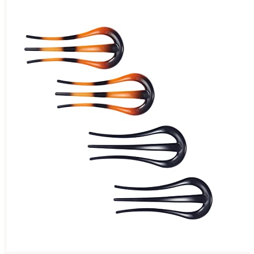 French Hair Forks Tortoise Shell W Shape Updo Hair Pins Clips for Thin Thick Hair, 3.5 inch Classic 3 Prong Bun Hair Sticks Chignon Women Vintage Hairstyle Accessories, 4 Count.