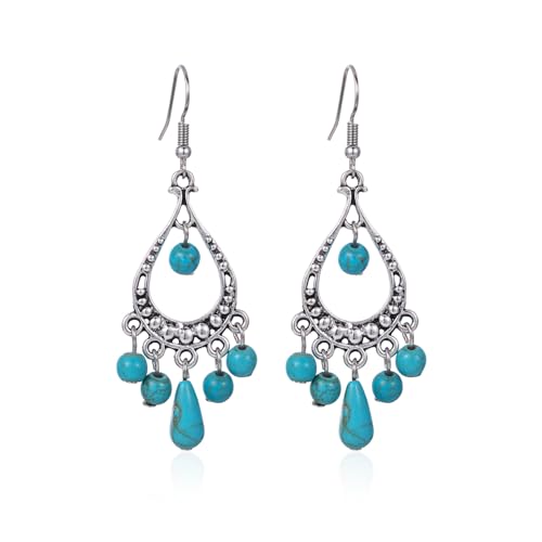 coadipress Bohemian Turquoise Beaded Tassel Earring for Women Ethnic Chandelier Boho Beads Earrings Hollow Out Turquoises Beaded Statement Earrings Ethnic Style Jewelry Gifts - color: Turquoise Beaded Tassel