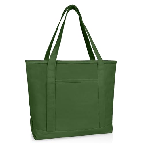 DALIX 20" Solid Color Cotton Canvas Shopping Tote Bag in Olive - color: Olive