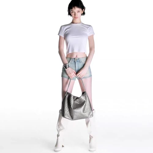 JINMANXUE Women Boston Bag, Woven Hobo Tote Handbag and Purses, Female Satchel Messenger Bags, Fashion Shoulder Crossbody Bag - color: Antique Silver