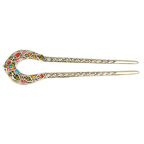 Double Prong Hair Pin U Shaped Crystal Chignon HairPin Stick Hairstyle Accessory for Women Girls(Colorful) - color: Colorful